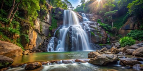 Waterfall cascading down a rocky cliff at Rambak Falls, rampart, cliff