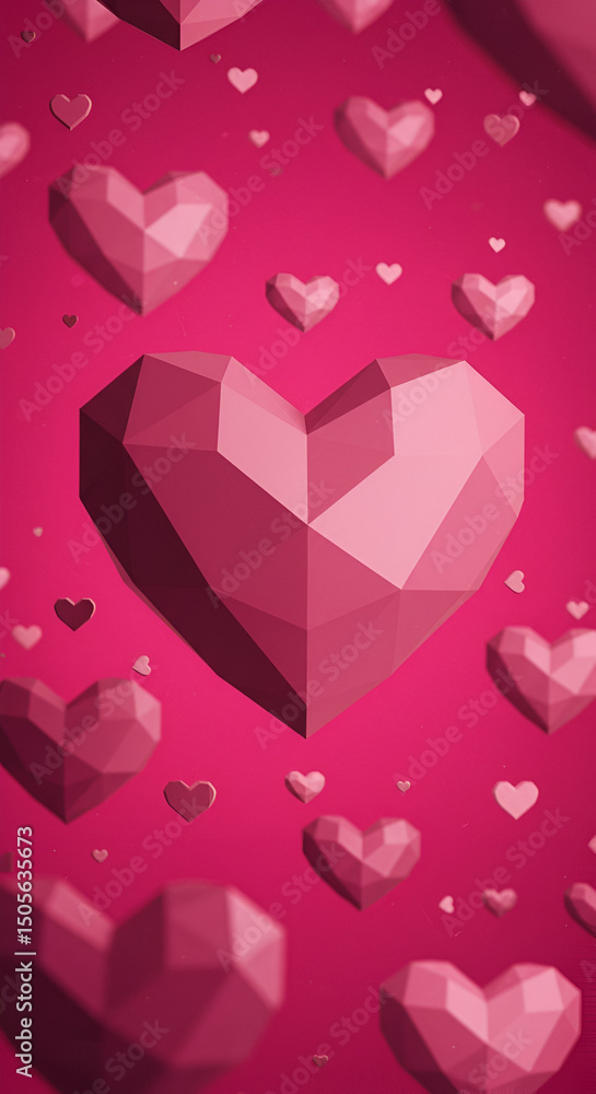 Poster pink polygon hearts floating in a soft pink background. abstract geometric shapes, creating a romant