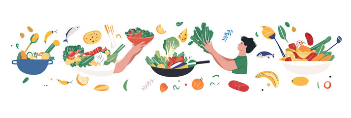Healthy cooking process illustration with fresh vegetables, fish, salad preparation, and balanced meal concept in flat minimalist vector style
