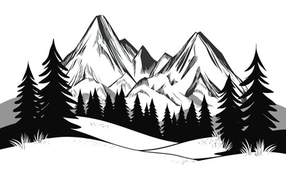Black and white minimalist landscape with towering snow-capped mountains pine forest and winding path in flat vector style illustration