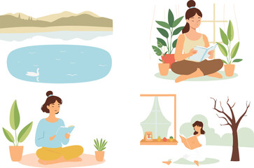 Fototapeta premium Women relaxing reading books peaceful scenes