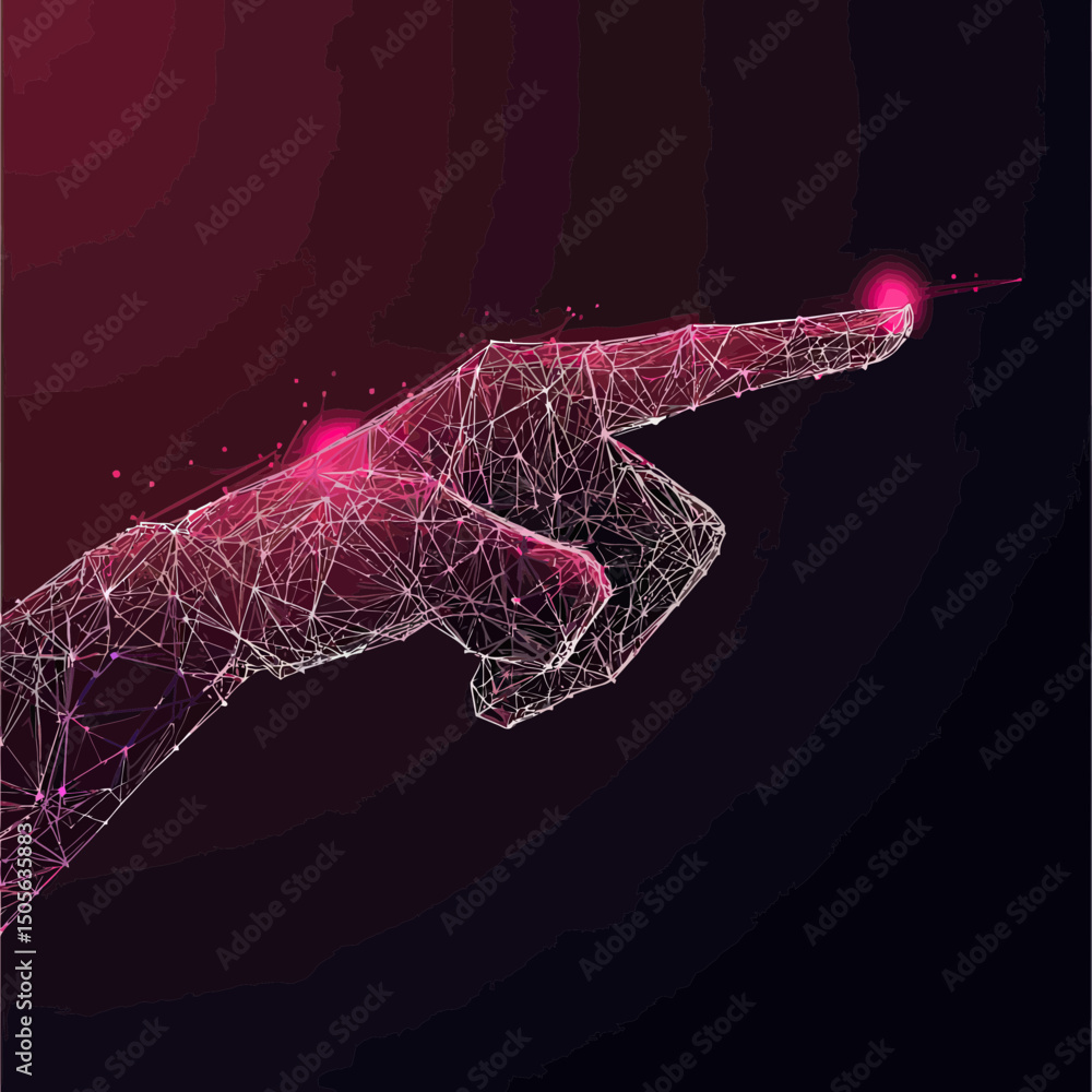 Poster futuristic digital hand pointing with glowing forefinger constructed from interconnected polygonal w