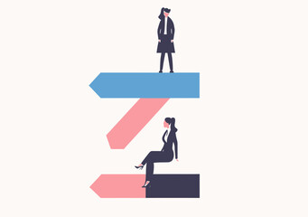 Fototapeta premium Businesswoman sitting on lower pink arrow below businessman standing on higher blue arrow unequal symbol representing gender inequality and career disparity concept flat vector