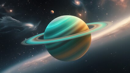 Stunning Teal and Gold Ringed Planet in Vibrant Nebula