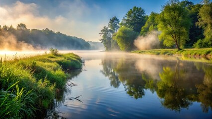 Fototapeta premium Dew-kissed riverbank with misty fog slowly lifting off the water's surface, revealing a serene summer morning scene