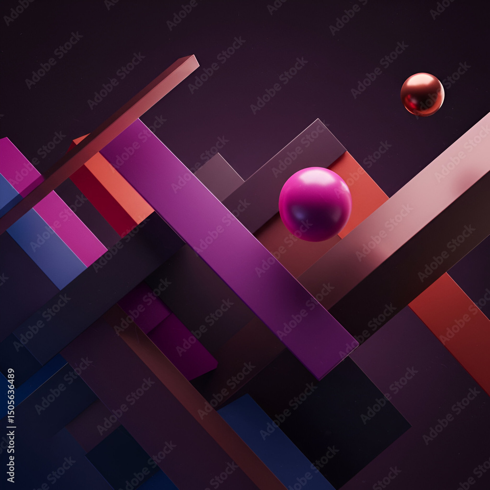 Poster abstract geometric shapes with vibrant colors in a dark setting. intersecting lines and floating orb