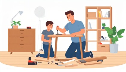 Father And Son Working On A Wooden Table Project