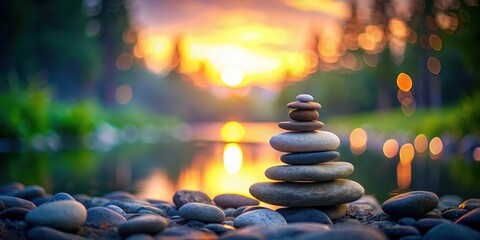 Obraz premium Serene landscape with stacked stones and softly blurred light emitting from the surrounding environment, creating a peaceful atmosphere at dusk, serene landscapes, relaxing meditation background