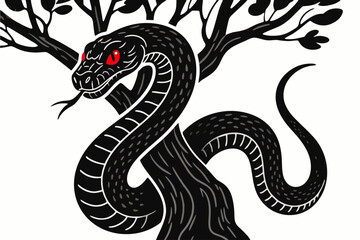 Obraz premium Evil Snake Coiled on Tree – Vector Silhouette Line Art