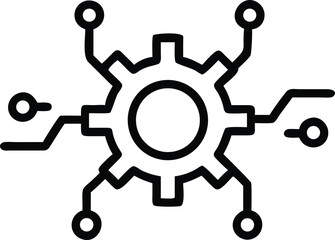 Minimalist black silhouette design of a futuristic blue mechanical cog symbol