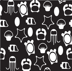 seamless pattern with black white sea animals - Flat Icon Set – Wild and Marine Animals Collection - Modern flat-style icon set featuring a mix of wild land animals starfish, jellyfish, crab, fish.