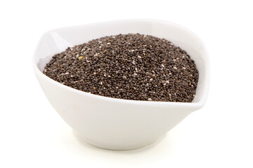 Organic Chia Seeds in White Bowl Isolated on White Background