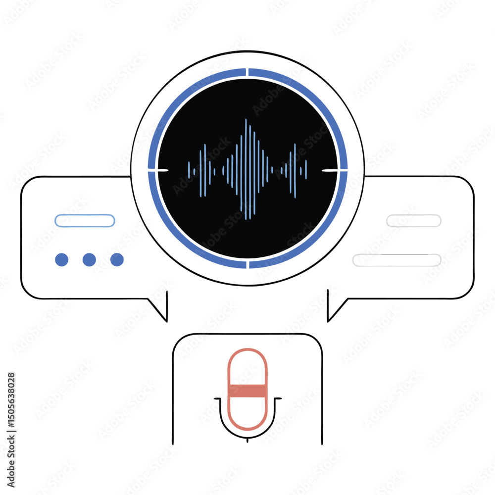 Poster minimalist microphone and sound wave visualization with speech bubbles design