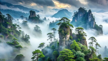Serene mountainous terrain with misty fog and ancient trees, China, forest,  China, forest