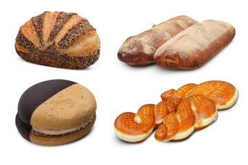 Variety of baked goods including seeded artisan loaf, ciabatta bread, chocolate-dipped sponge cookie, and braided sweet rolls on transparent background

