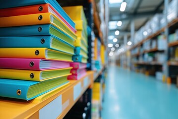 Colorful binders stacked on a shelf in a well-organized office archive or storage room.