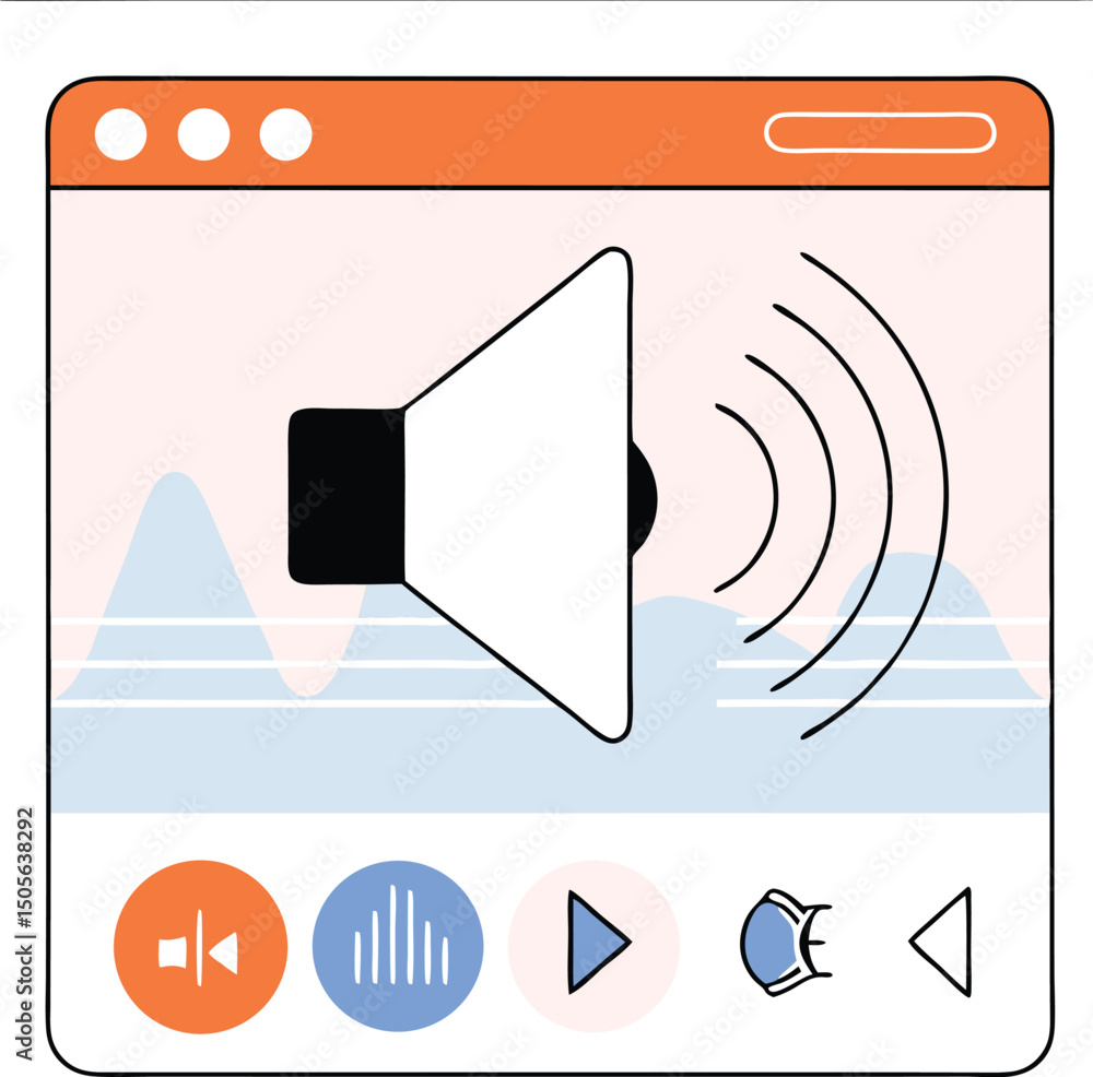 Poster minimalist music player interface with speaker icon and playback controls illustration