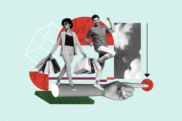 Creative art collage of people win buy hand pointing on blue background with geometry figure