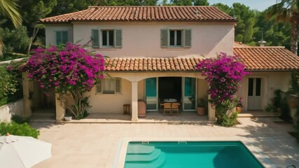 Aerial view of a luxurious villa with a turquoise swimming pool and bougainvillea flowers growing on it - Powered by Adobe