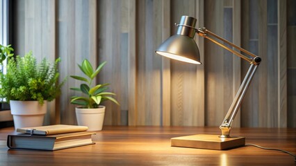 Modern desk lamp with a sleek and minimalist design, placed on a wooden table in a cozy study room, wood, lighting, wood