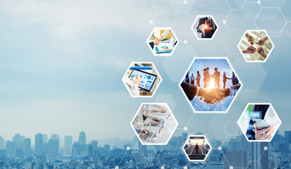 Collage of various business concepts. Wide angle visual for banners or advertisements.