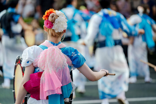 Spectacle of Traditional Sansa Odori and the World's Best Taiko Drum Parade, a highlight of the Morioka Sansa Odori Festival 2024, showcasing cultural pride. Morioka, Japan.
