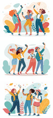Fototapeta premium Illustration depicting happy Generation Z teenagers in a variety of stylish clothes and hairstyles. They actively use smartphones