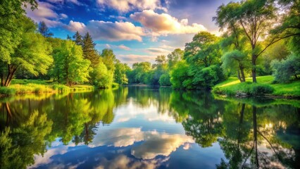 Obraz premium Serene landscape featuring a peaceful pond surrounded by lush greenery and tall trees, with soft focus on the water's surface, reflecting the sky's gentle hues, serene landscape, tranquility