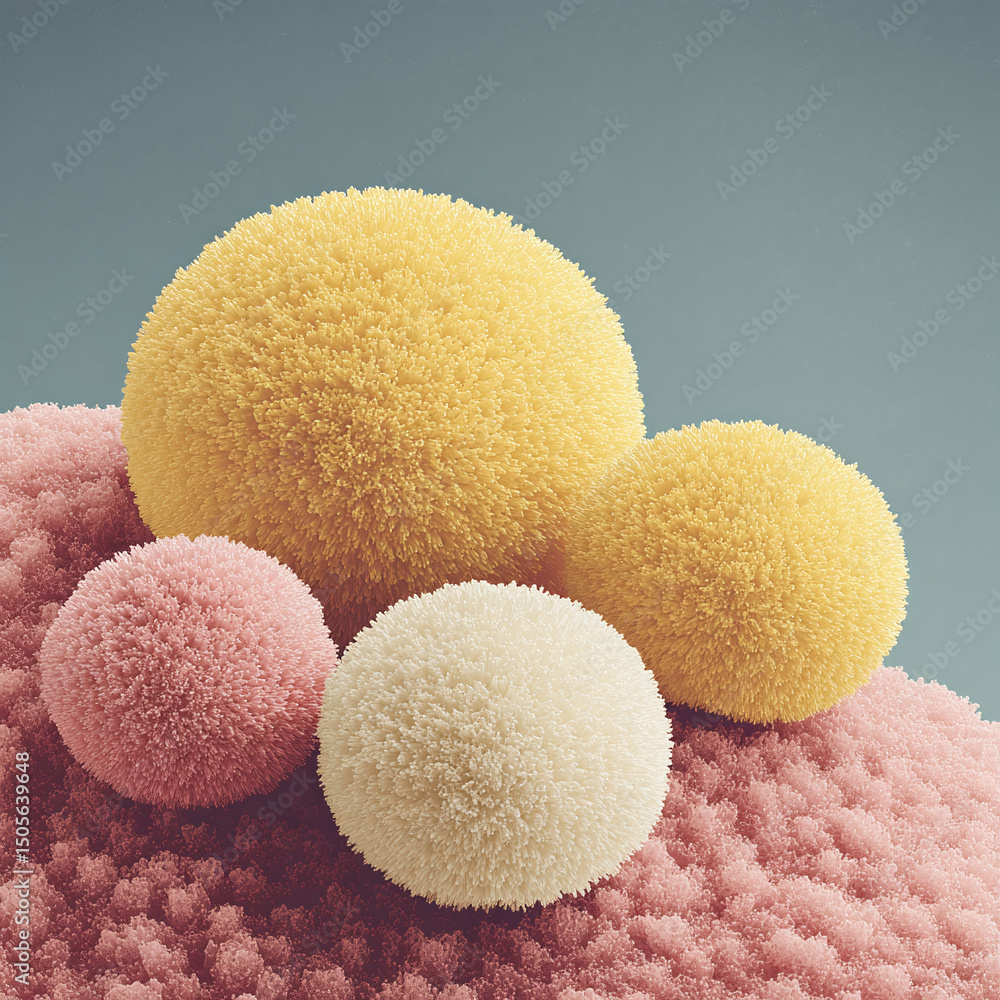 Poster fluffy spheres in soft pastels create a playful, abstract scene. great for adding warmth, texture, a