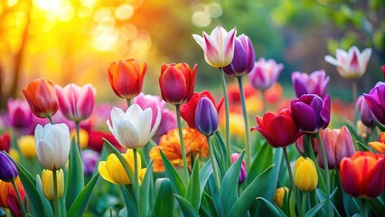 Colorful spring tulips blooming in a garden, spring tulips, vibrant