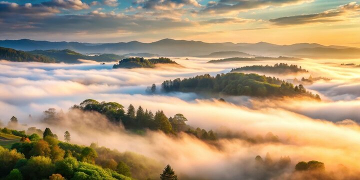 Gentle fog rolling over a serene landscape with soft, white clouds and misty valleys, valley, serene