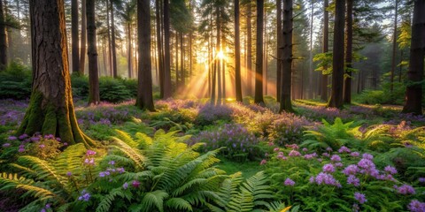 Mysterious forest at dusk with blooming wildflowers and ferns, surrounded by tall trees and underbrush , foliage, nature