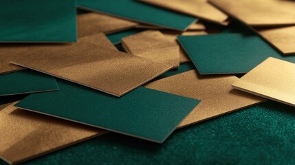 Fototapeta premium A vibrant arrangement of green and gold sheets scattered on a textured surface, ideal for crafts