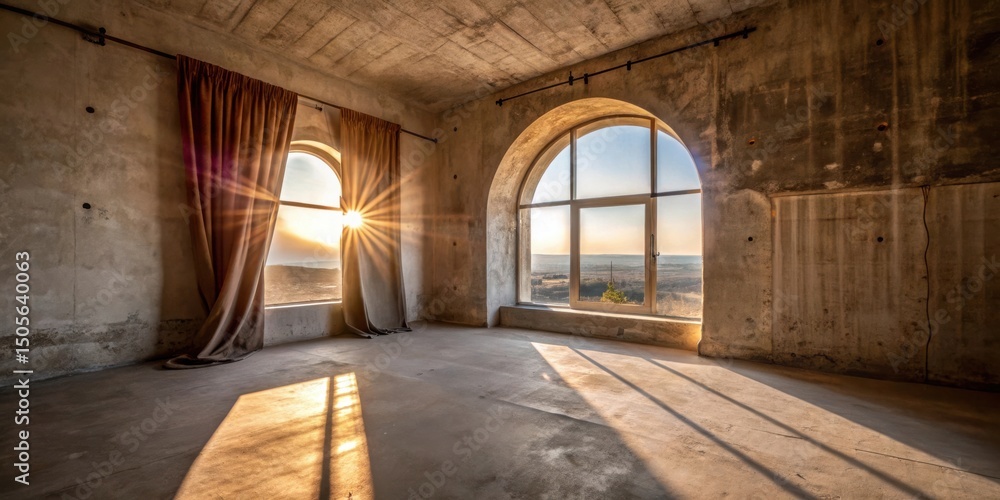 Aufkleber sunlight streams through arched windows in a spacious, unfinished room with concrete walls and a lar