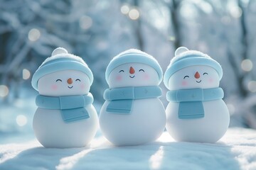 Cute snowman figurines in winter setting with pine trees. Christmas decoration concept.
