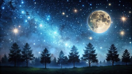 Dark celestial canvas with twinkling stars and moonlit silhouette of trees