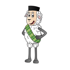 Cute cartoon sheep character dressed in traditional Muslim attire for Eid al-Adha. The sheep is wearing a sarong and a black peci (Islamic cap), and holding ketupat (rice cake wrapped in palm leaves).