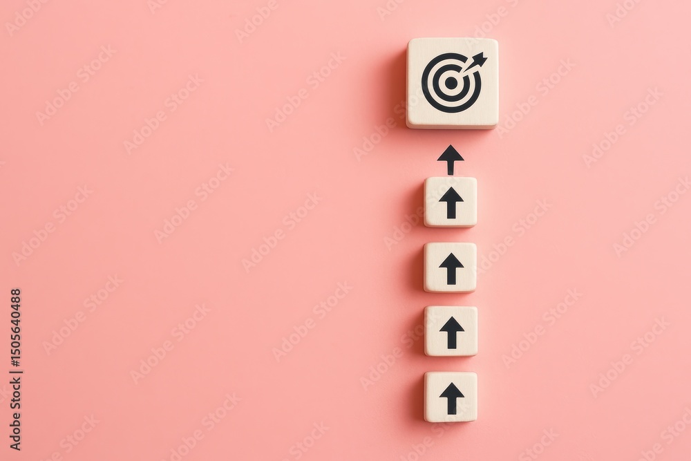 Poster a linear progression upward arrows leads to a central target symbolizing strategy decision and busin