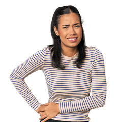 Young Filipina woman having a liver pain, stomach ache.