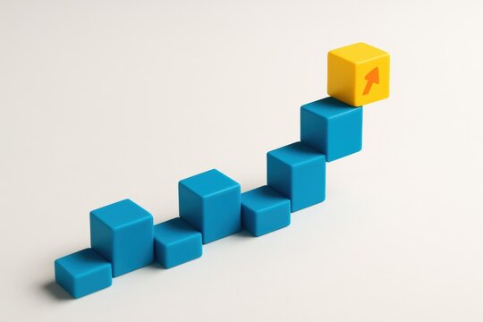 A rising path color coded blocks symbolizes strategic decision-making and business growth emphasizing innovation and leadership
