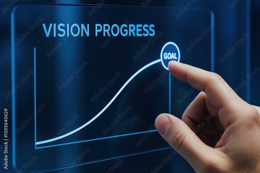 Poster a strategic adjusts a goal marker on a curved progress graph displayed on a smart touchscreen symbol