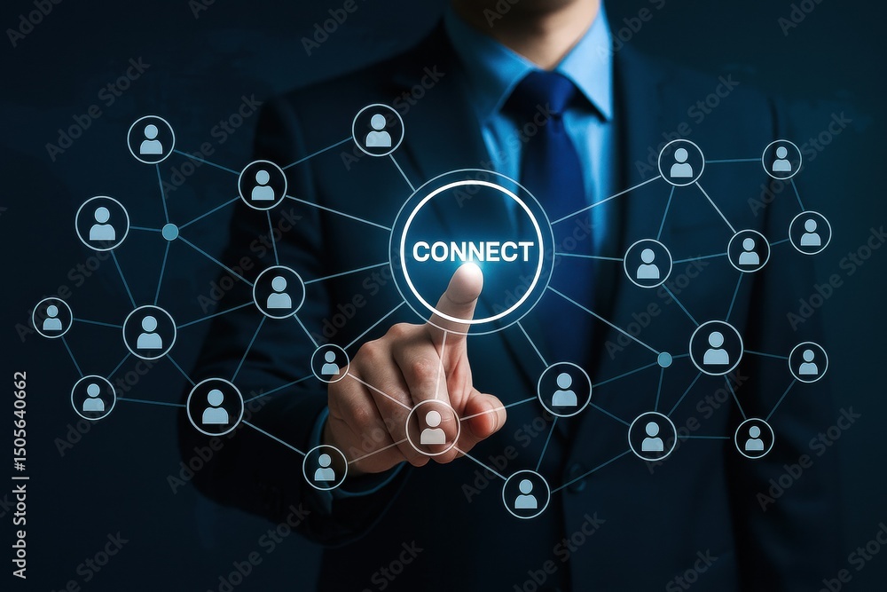 Poster a businessman uses digital interface technology to facilitate connection and decision-making promoti