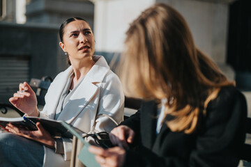 Two women engaging in a thoughtful discussion outdoors, discussing ideas and taking notes.