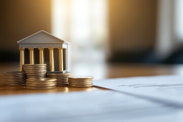 Miniature bank building on a pile of coins with documents in a softly lit office setting