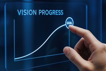 A strategic adjusts a goal marker on a curved progress graph displayed on a smart touchscreen symbolizing business growth and decision leadership through innovative planning