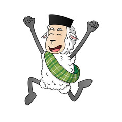 Cute cartoon sheep character dressed in traditional Muslim attire for Eid al-Adha. The sheep is wearing a sarong and a black peci (Islamic cap), and holding ketupat (rice cake wrapped in palm leaves).