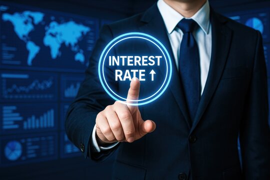 A businessman strategically interacts with rising interest rate data on a digital interface symbolizing decision-making and financial growth in a modern economic environment - Powered by Adobe