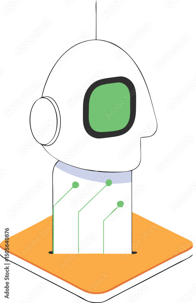 Poster modern isometric illustration of a robot head with circuitry in a futuristic design