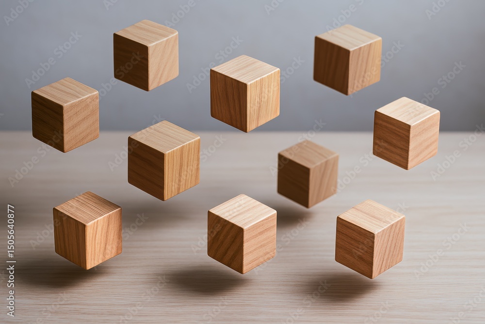 Poster innovative strategy and decision-making are symbolized by floating wooden cubes casting soft shadows