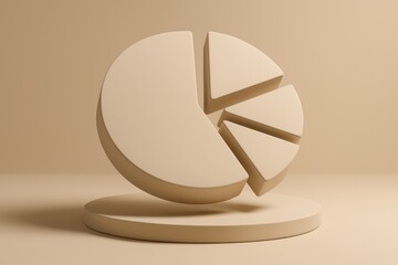 A floating three-dimensional pie chart with raised segments symbolizes strategic business decisions growth and innovation in a realistic presentation